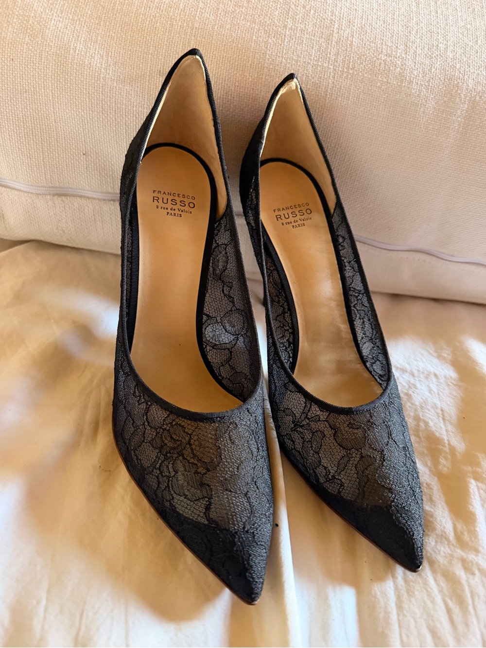 Francesco Russo Paris Black Floral Lace Pointed Stiletto Pumps | Made in Italy